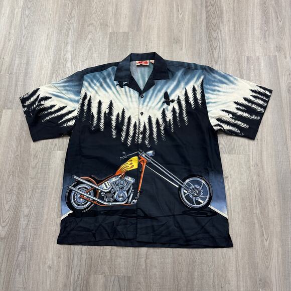 Vintage Malibu Dreams Motorcycle Short Sleeve Button Shirt XL Biker Hawaiian - Picture 1 of 6